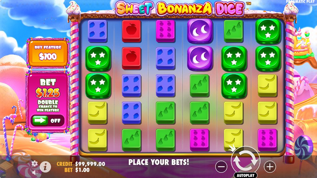 Sweet Bonanza Dice slot main game interface with 6x5 reels and candy theme.