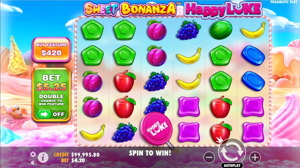 Sweet Bonanza HappyLuke slot main game screen with candy and fruit symbols by Pragmatic Play.