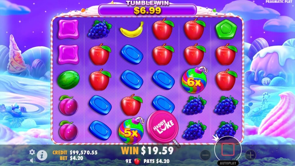 Multiplier Bomb symbol appearing during the Free Spins bonus round of Sweet Bonanza HappyLuke.