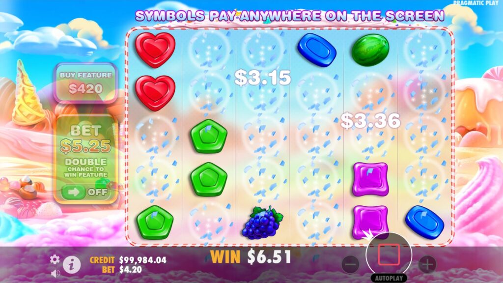 Tumble Feature in action on Sweet Bonanza HappyLuke slot, showing cascading symbols.