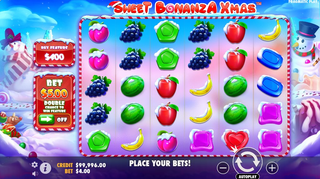 Main screen of Sweet Bonanza Xmas slot with winter candyland theme