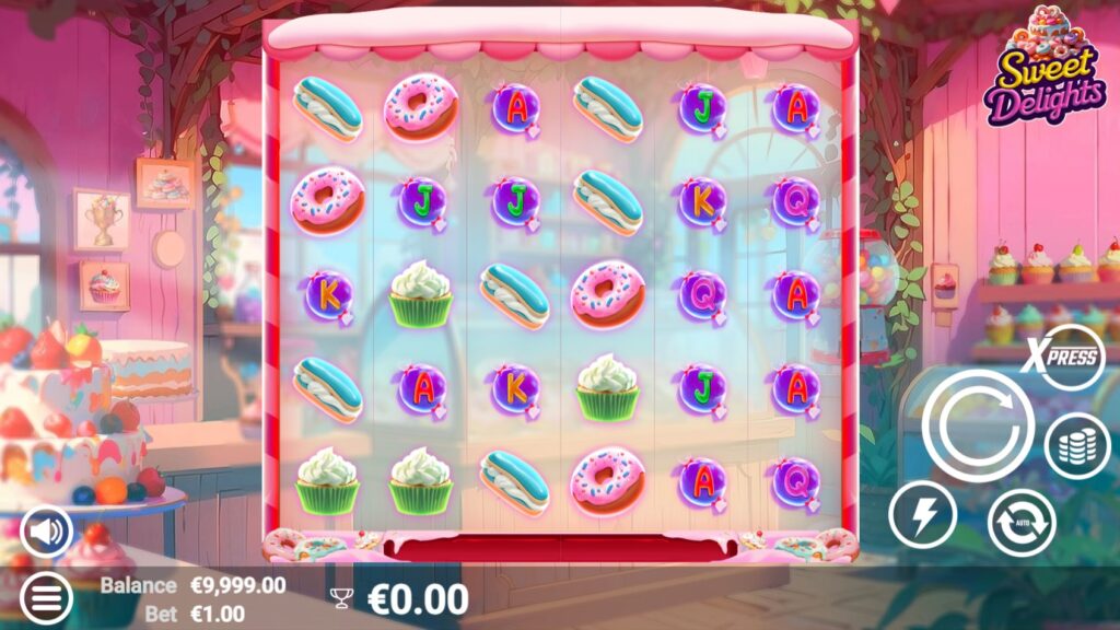 Sweet Delights slot base game screen with 6x5 reel grid and various candy symbols.