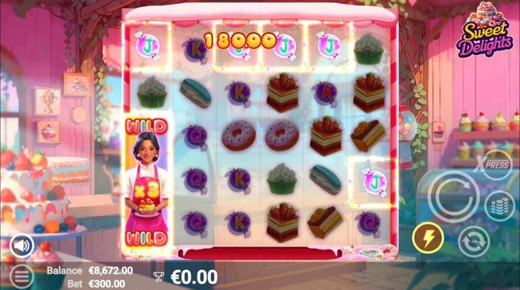 The Expanding Wild feature active in Sweet Delights, showing the Confectioner Girl wild with a multiplier.