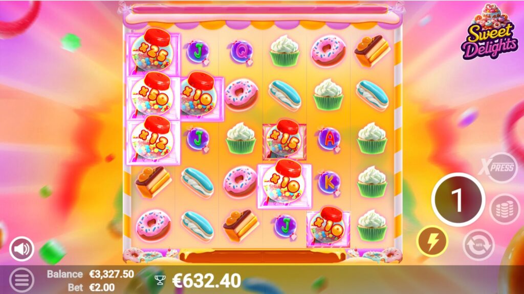 he Free Spins round in Sweet Delights featuring active Multiplier Gumballs and the Progression Bar.