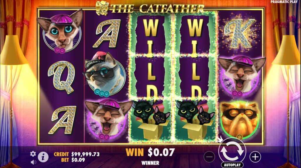 The Catfather's Wild Night feature activated with reels 3, and 4 fully wild.