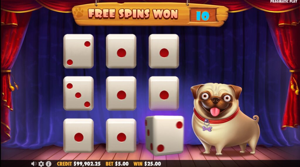 The 3x3 dice grid determining the number of free spins awarded in The Dog House Dice Show bonus round.