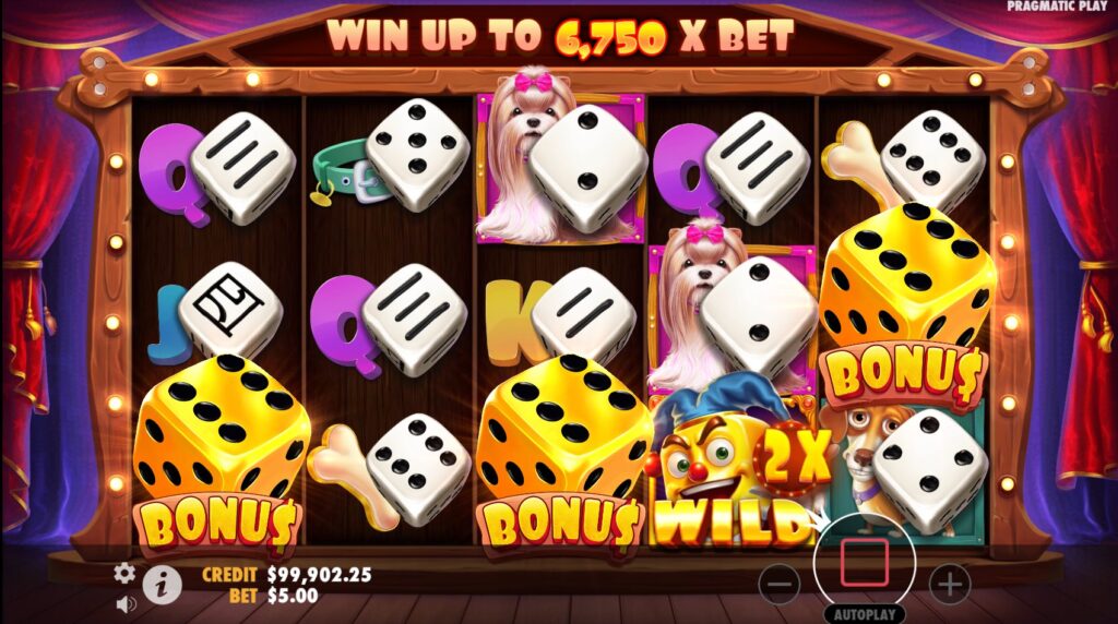 Three Bonus Scatter Dice symbols triggering the Free Spins round in The Dog House Dice Show slot.
