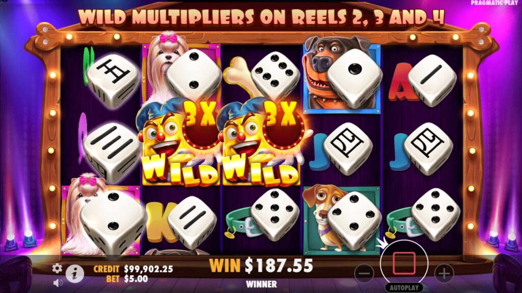 The Dog House Dice Show Free Spins round with multiple Sticky Wild Dice symbols with multipliers on reels.