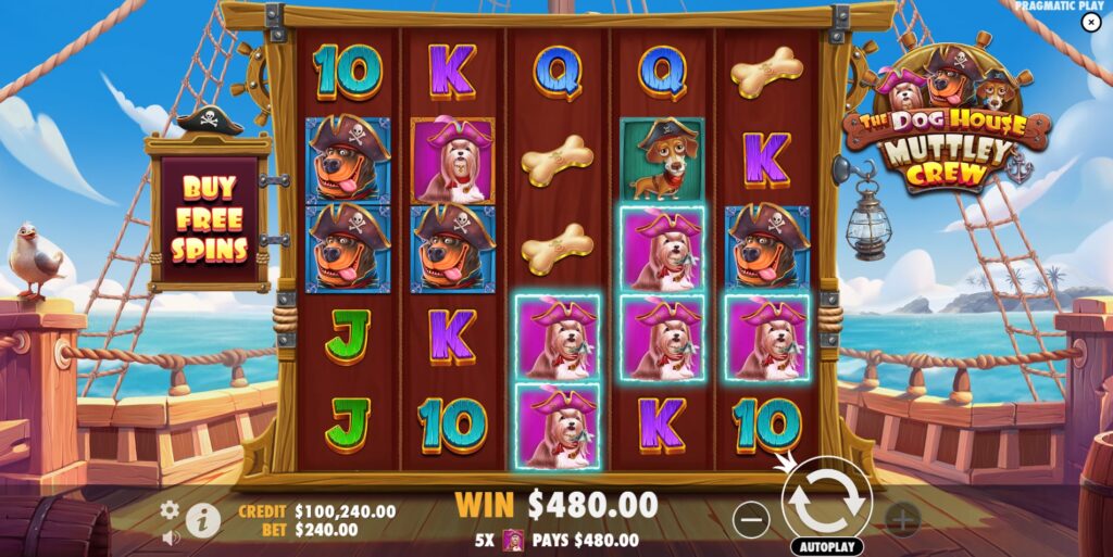 The Dog House Muttley Crew slot base game screen showcasing the 5x5 grid and pirate dog symbols.