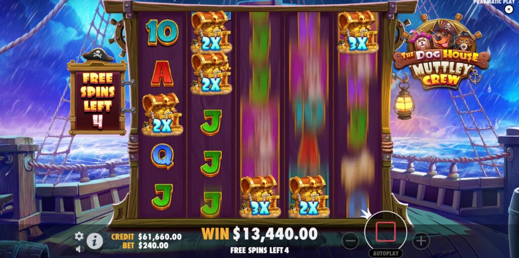 The Dog House Muttley Crew Free Spins round with multiple Sticky Wild Multipliers on the game grid.