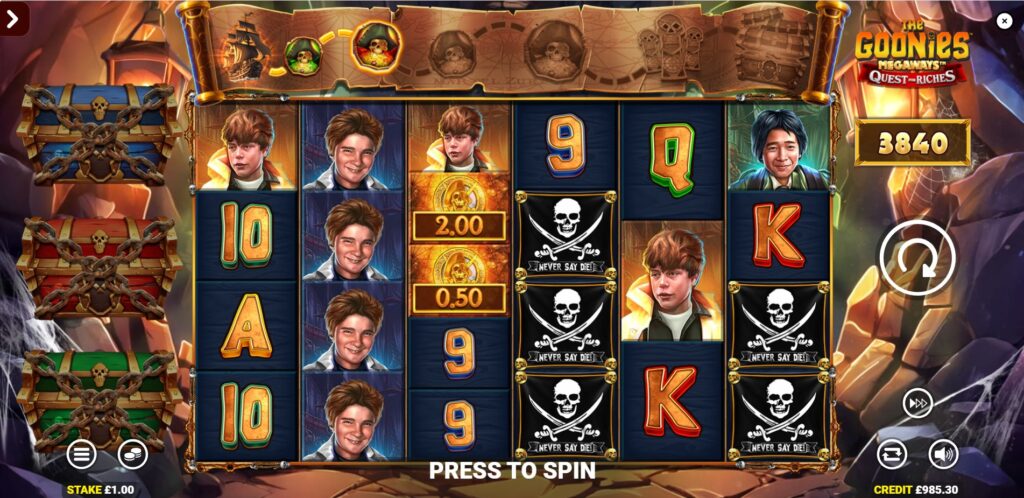 Base game screen of The Goonies Megaways Quest for Riches slot showing the 6 reels and treasure map trail.