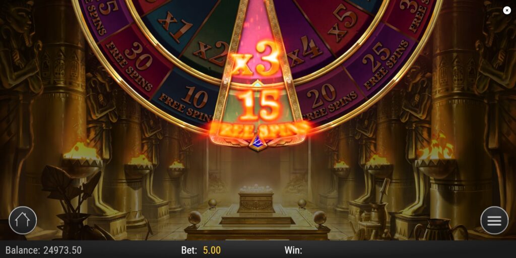 Bonus wheel in Tomb of Gold 2 determining the number of free spins and the starting win multiplier for the feature.