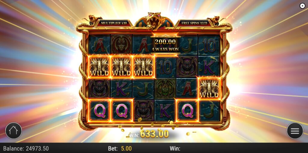 Tomb of Gold 2 Free Spins round active, displaying the current global win multiplier and Cobra Wilds on the reels