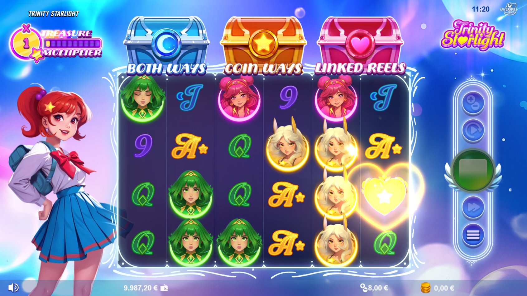Blue, Gold, and Pink Heart Token symbols appearing on the reels of the Trinity Starlight slot, ready for collection.