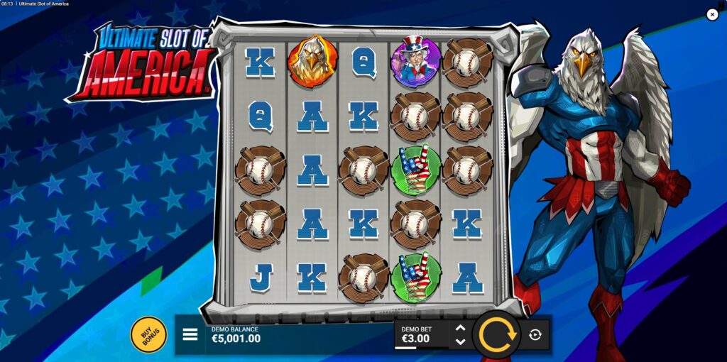 Ultimate Slot of America base game screen with 5x5 grid and patriotic eagle character.