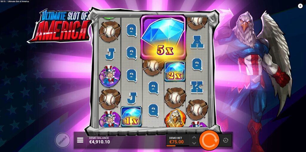 Liberty Gems feature with multipliers active during Freedom Respins in Ultimate Slot of America.