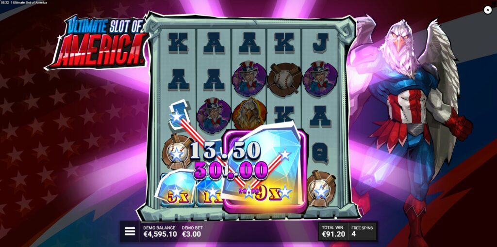 The Spin-Dependence Day free spins bonus round in Ultimate Slot of America with Liberty Gems on the reels.