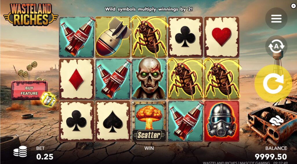 Wasteland Riches slot base game screen with 5x3 reels and post-apocalyptic symbols.