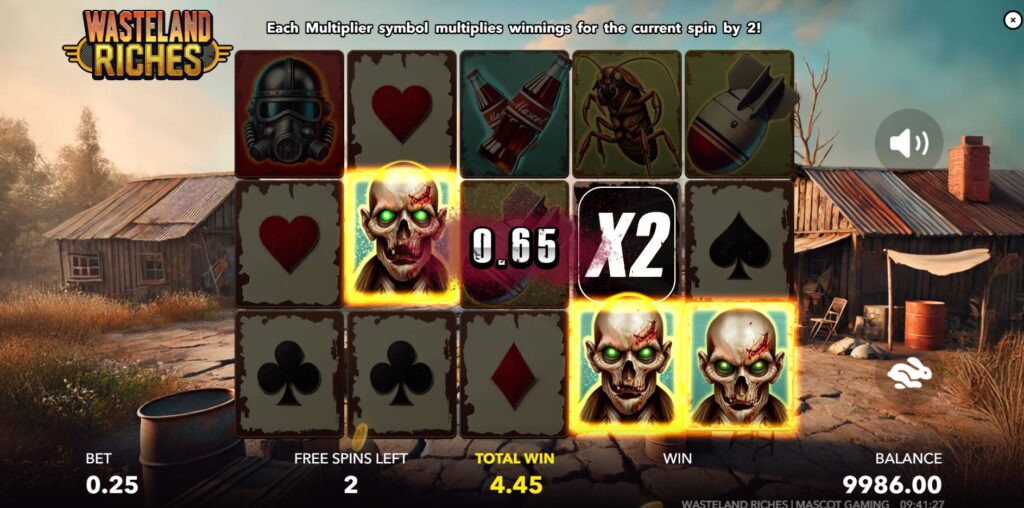 Wasteland Riches Free Spins round showing symbols paying anywhere and a potential x2 multiplier card.