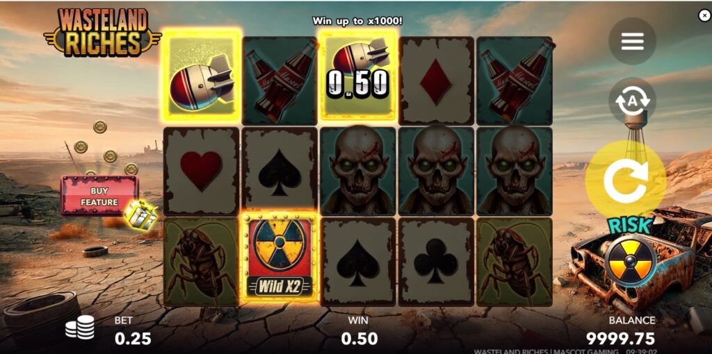 Wasteland Riches Wild x2 symbol contributing to a winning combination and doubling the payout.
