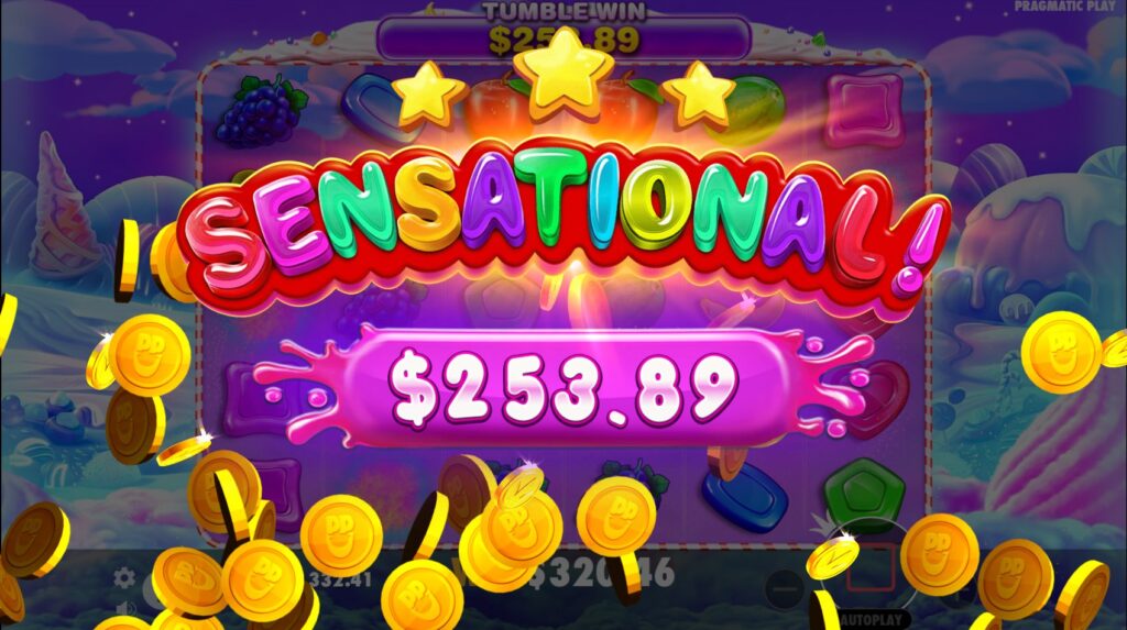 A big win screen on the Sweet Bonanza HappyLuke slot, highlighting its payout potential.