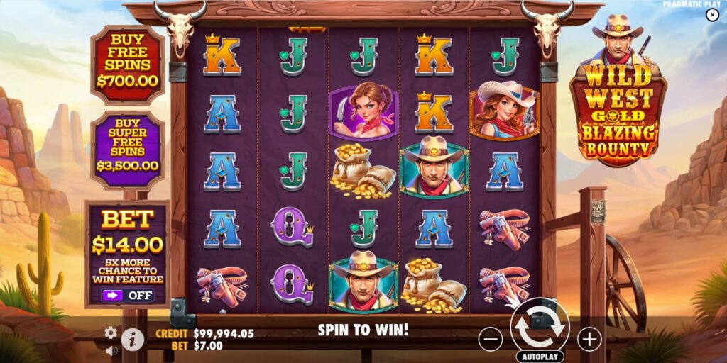 Wild West Gold Blazing Bounty slot base game screen with 5x5 grid and character symbols.