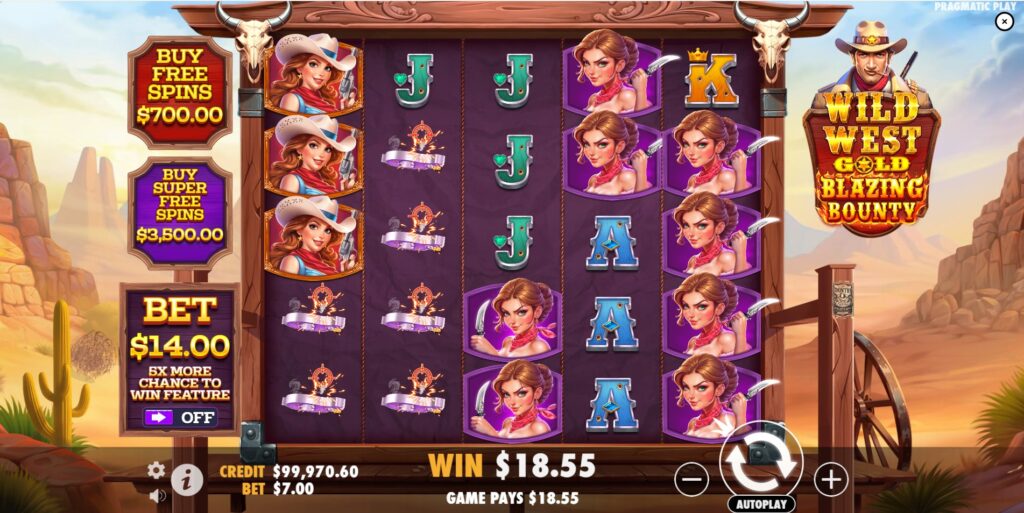 A significant cluster win highlighted on the Wild West Gold Blazing Bounty slot reels.