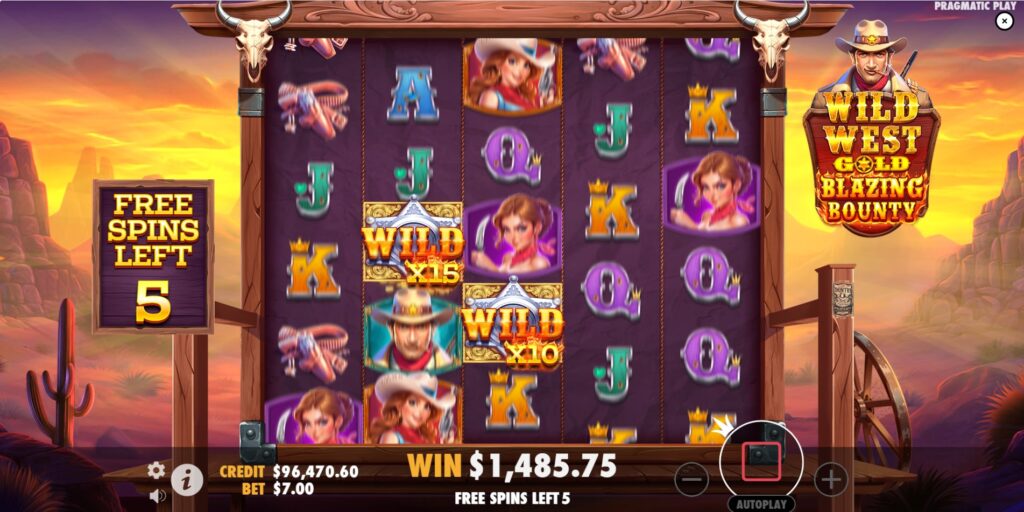 Multiple sticky wild symbols with multipliers active during the Free Spins round of Wild West Gold Blazing Bounty.