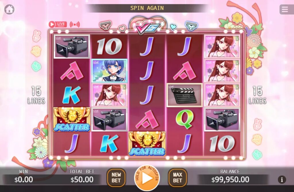 Yakyuken slot machine base game screen by KA Gaming showing 5x5 reels and anime characters.