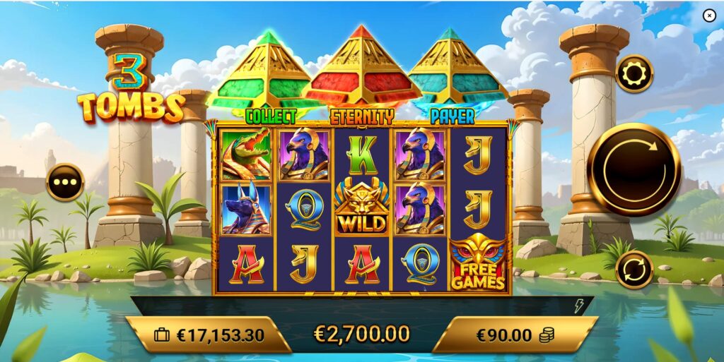 3 Tombs slot main game screen with reels and Collect, Eternity, Payer pyramids by Amigo Gaming