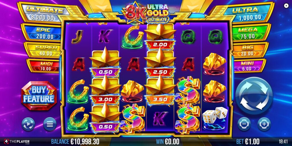 Main game screen of 8K Ultra Gold Ultimate slot showing reels, symbols, and jackpot displays.