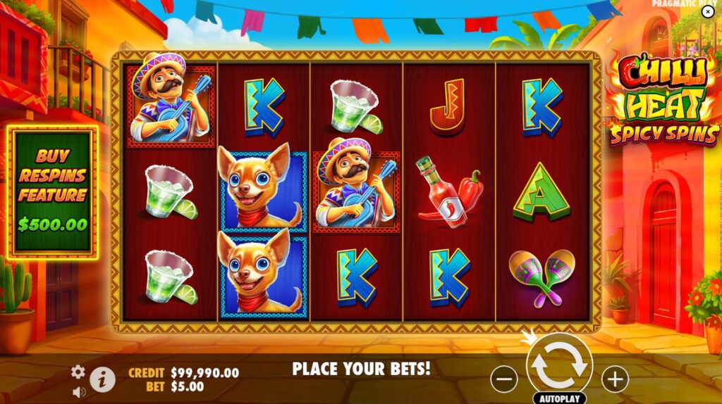 Chilli Heat Spicy Spins slot base game view with Mexican town background and game symbols on a 5x3 grid.