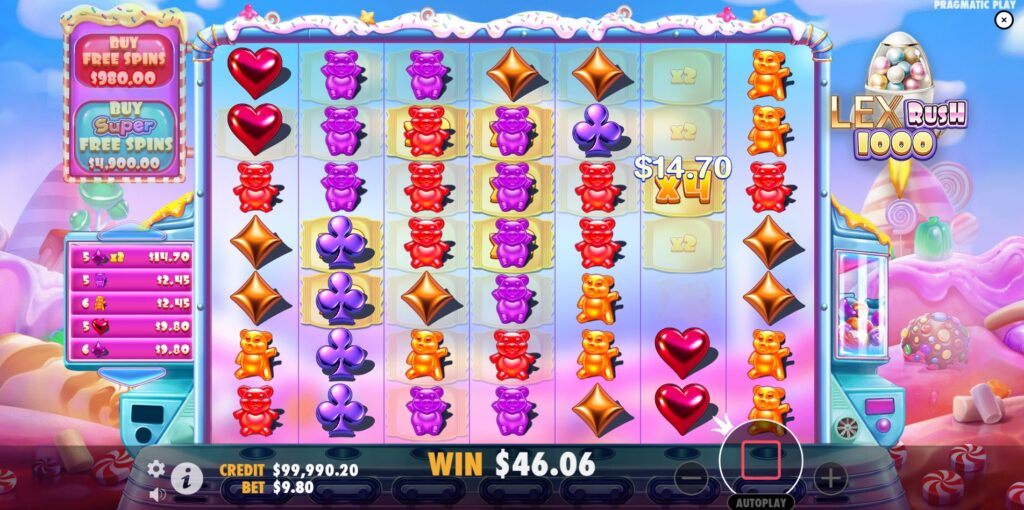 LEX Rush 1000 slot showing an active Multiplier Spot with a high value