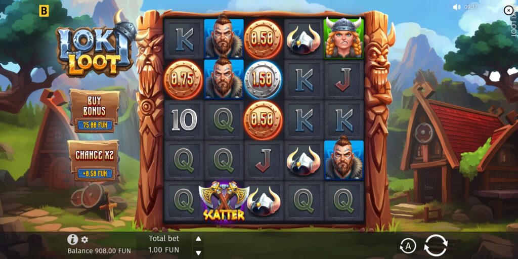 Loki Loot slot main game screen with symbols and reels layout by BGaming.