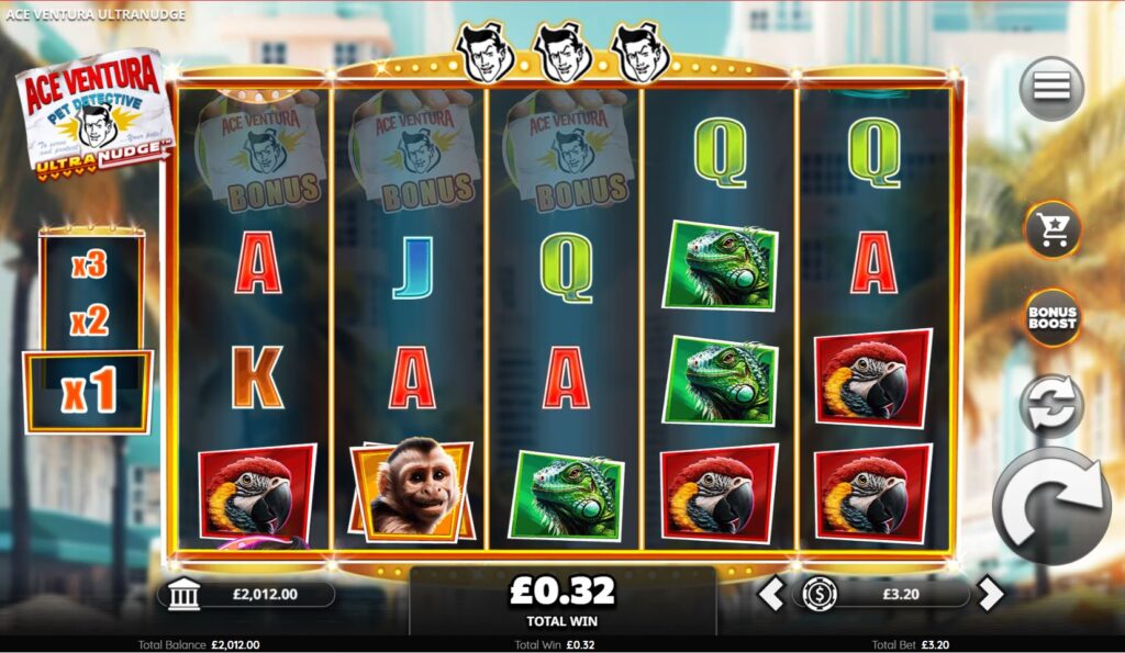 Three Ace Ventura bonus scatter symbols landing on the grid to trigger the free spins round.