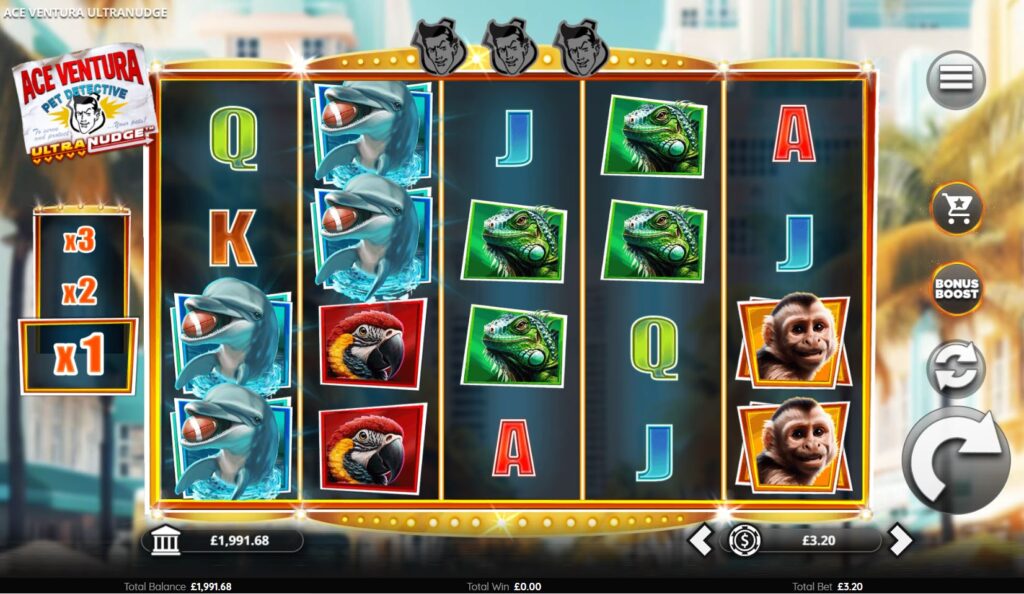 he main 5x4 game grid of the Ace Ventura Ultranudge slot, showing game symbols against a Miami backdrop.