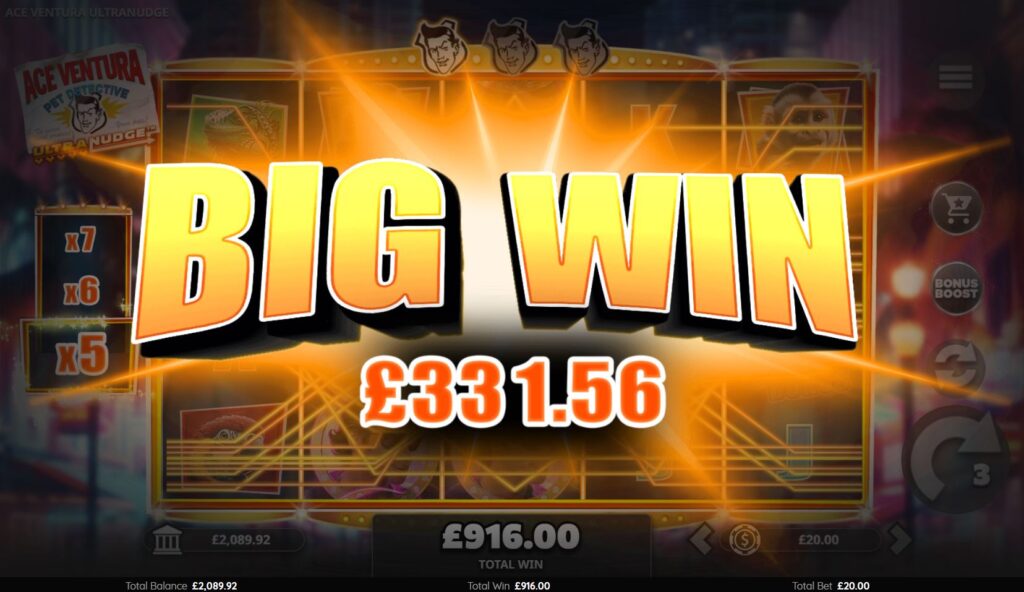 A big win splash screen from the Ace Ventura Ultranudge slot after a successful bonus round.