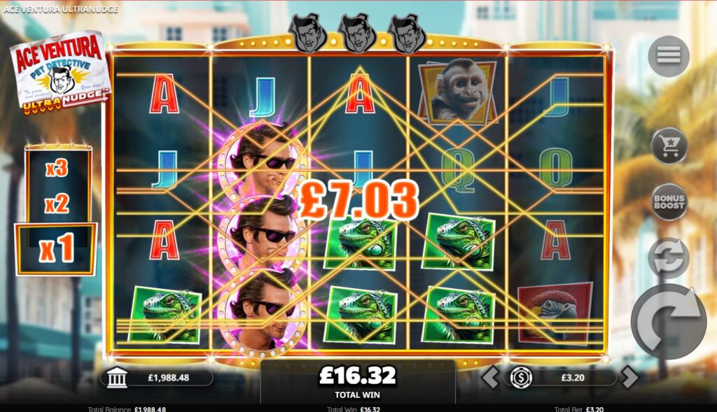 The ULTRANUDGE feature activating on the reels after a win with the Ace Ventura wild symbol.