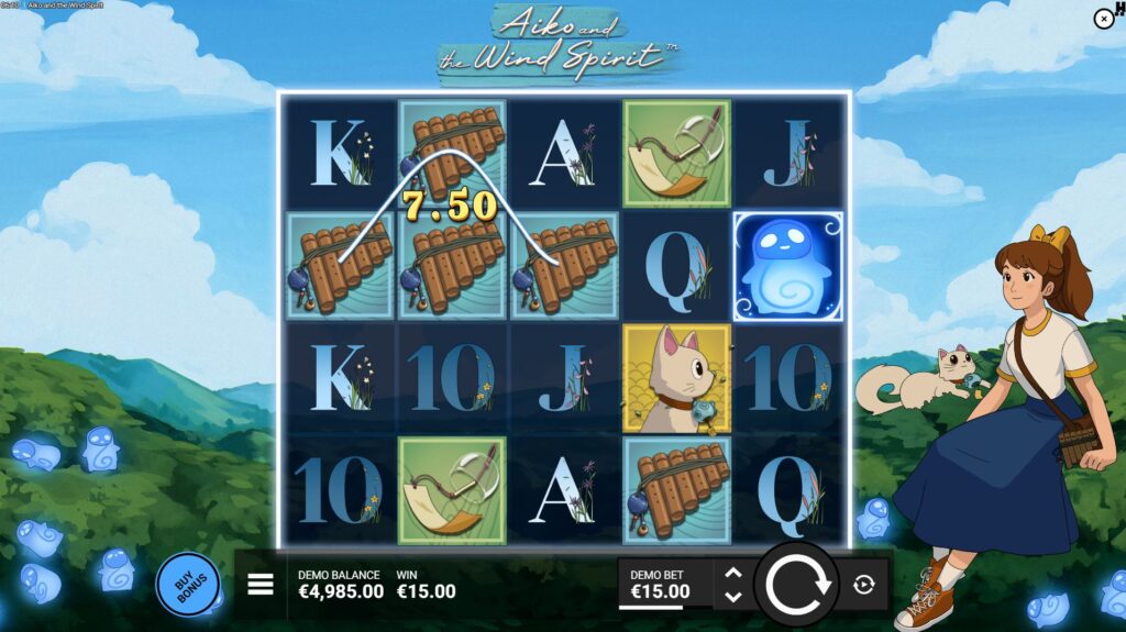 The base game grid of Aiko and the Wind Spirit slot, showing main characters Aiko and Mishu in a serene landscape.