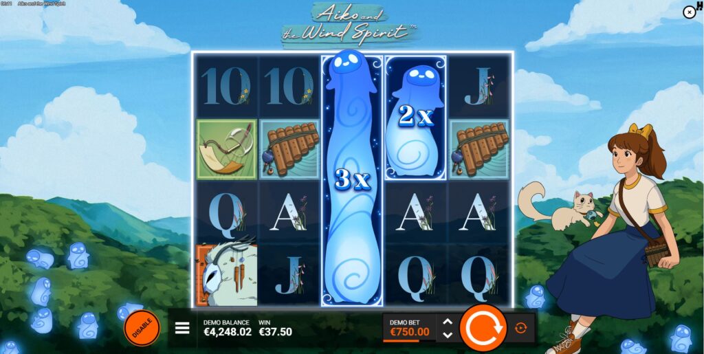 An Expanded Wild Spirit symbol with a multiplier on the reels of the Aiko and the Wind Spirit game.