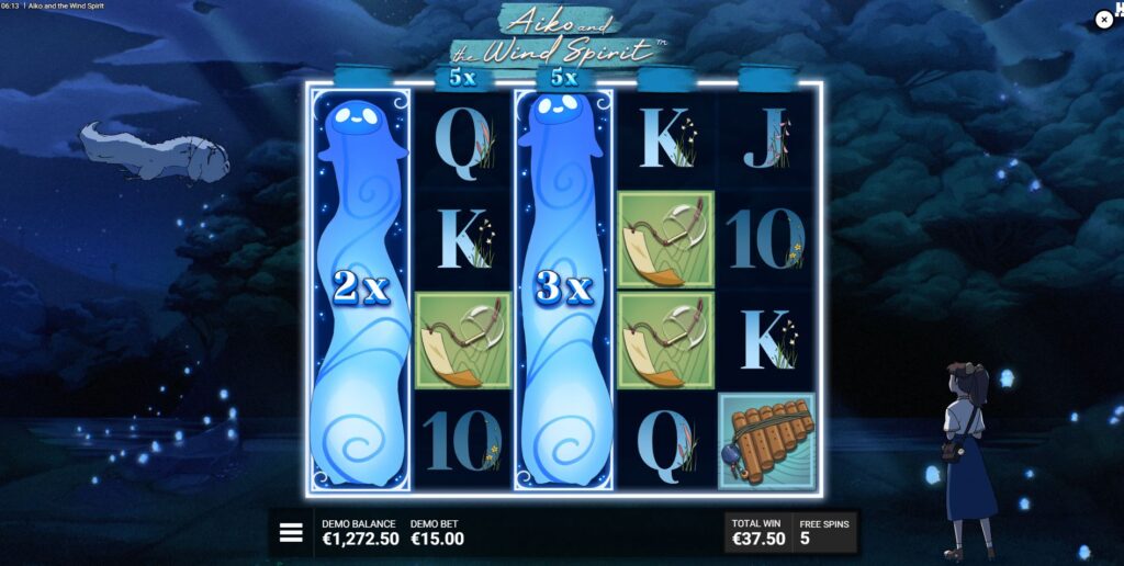 The Memory Multipliers feature active above the reels during the Whispering Winds bonus.