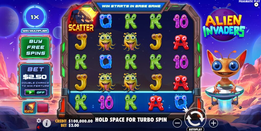 Alien Invaders slot base game interface showing the 5x5 grid, marked bottom row, and alien character.