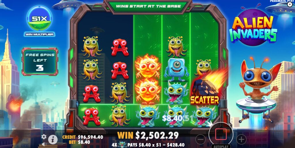 Alien Invaders Free Spins feature active with the invaded city background and potentially expanded reels.