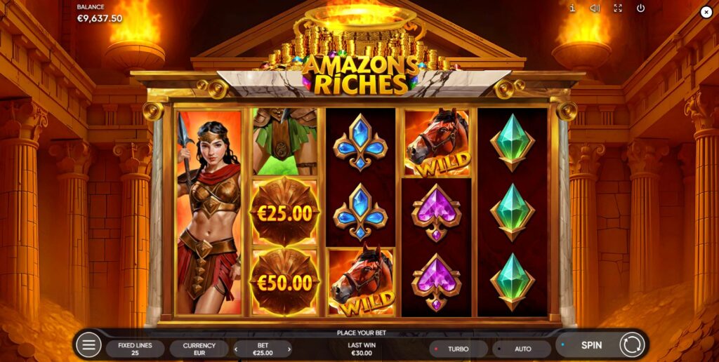 he base game reels of the Amazons Riches slot, showing stacked warrior symbols and a wild.