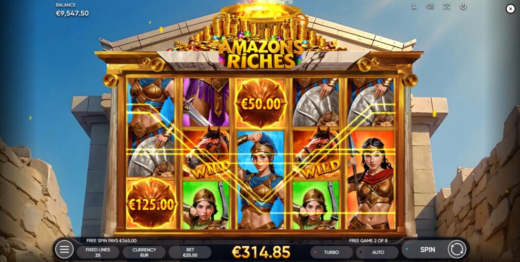 The Free Games feature in Amazons Riches with only high-paying symbols on the reels.