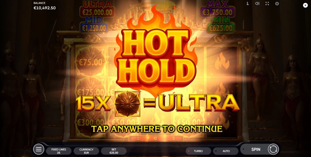 The start of the Hot Hold Bonus Game in Amazons Riches with sticky shield symbols.