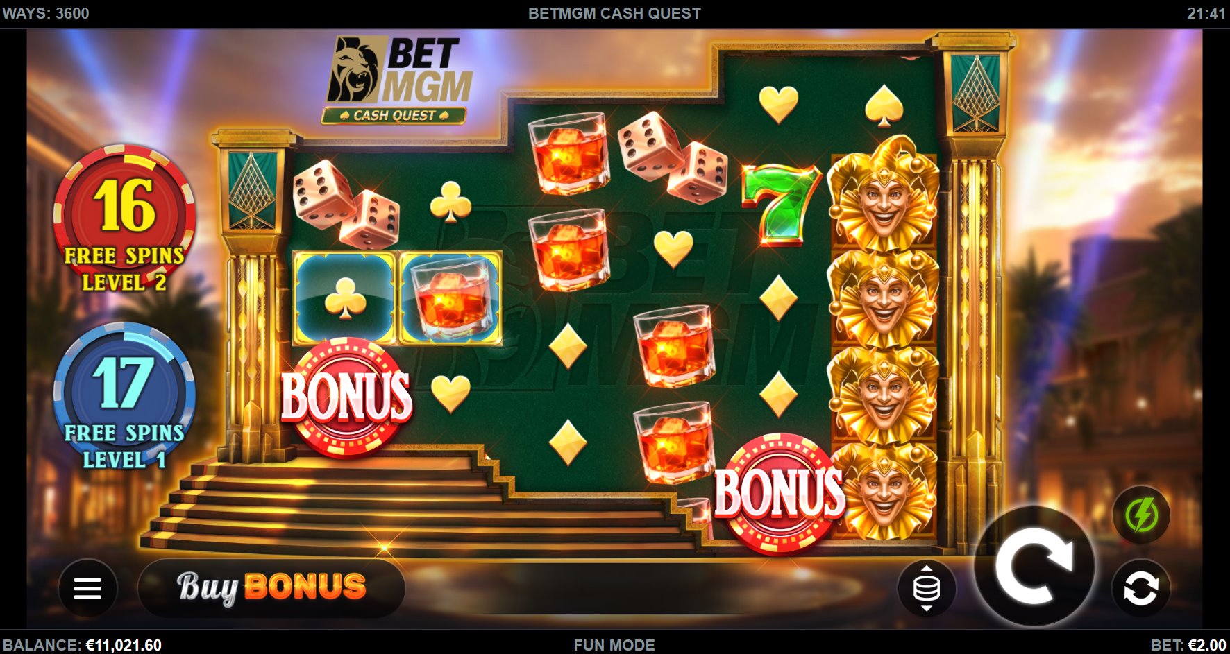 BetMGM Cash Quest slot base game view with 6 reels and K-Boost meters.