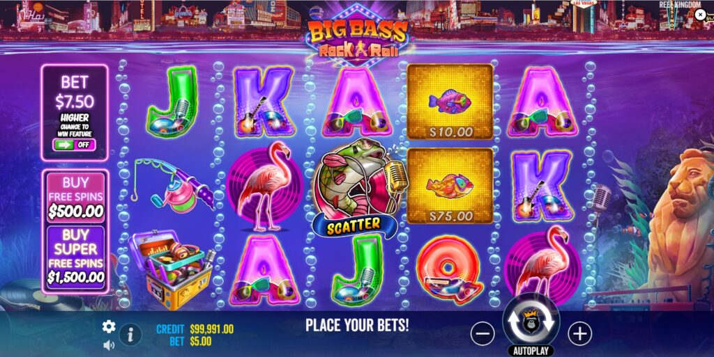 Big Bass Rock and Roll slot main game screen with reels and symbols.