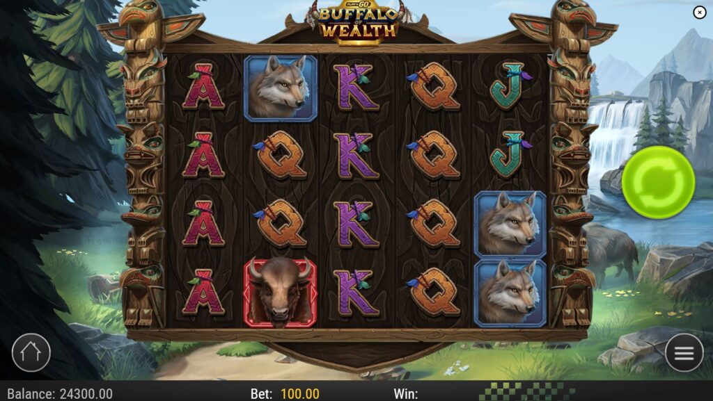 The base game of Buffalo of Wealth slot, showing the 5x4 reel layout and wildlife symbols.