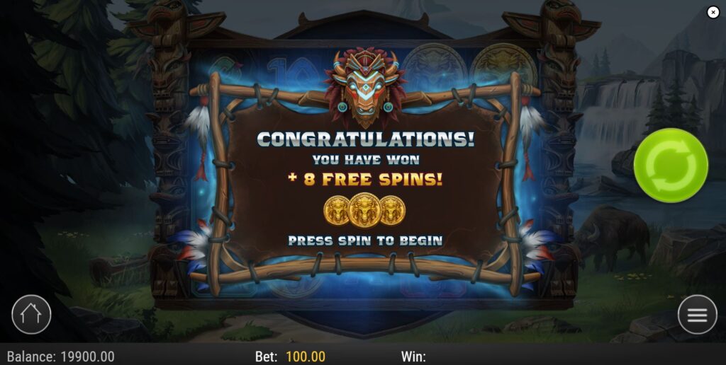The screen showing the activation of the Free Spins bonus round in the Buffalo of Wealth game.